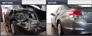 before and after pics of a repaired sedan